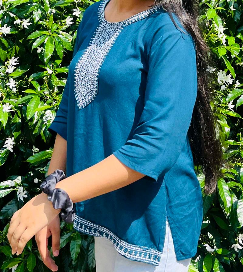 Embroidered Teal Short Kurti