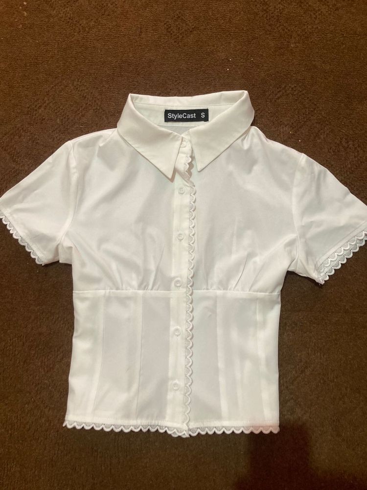 White Button-Up Lace Trim Top