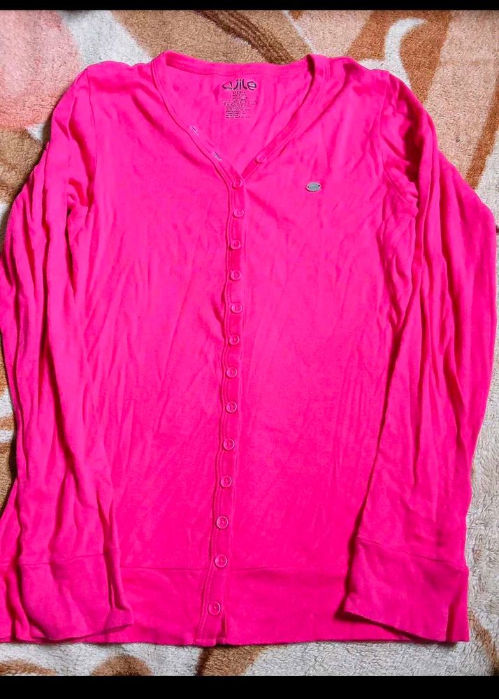 Hot Pink Button-Up Long Sleeve Top