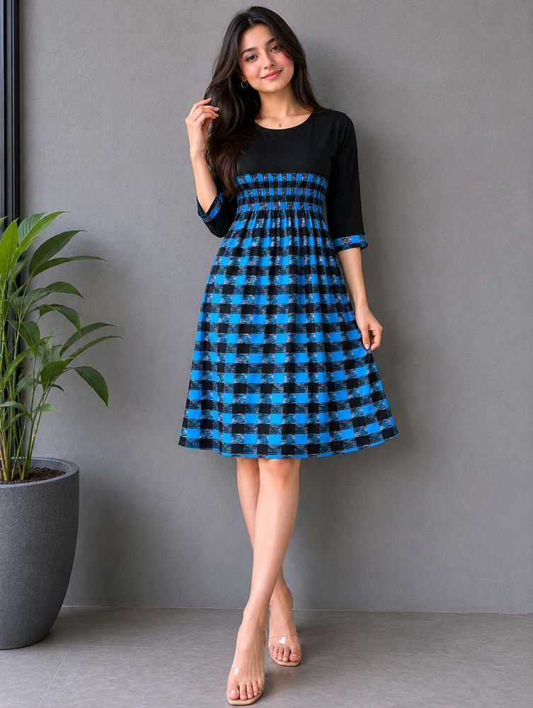 Stylish Blue Plaid A-line Dress