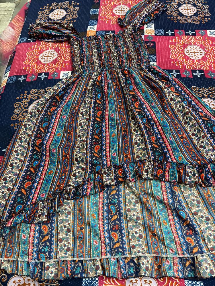 Boho Print Smocked Off-Shoulder Dress