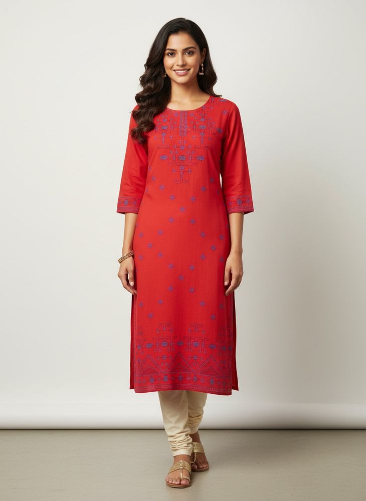 Elegant Red Embroidered Kurta |  Festive