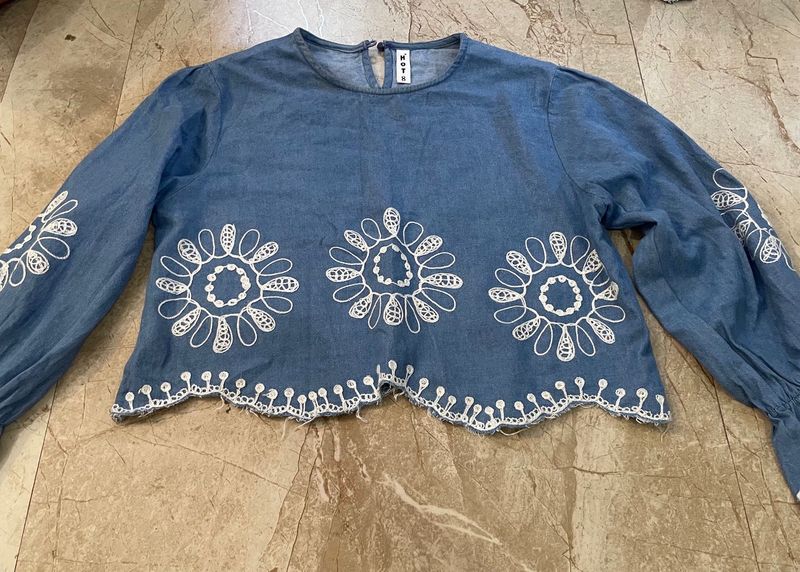 Blue Denim Top with White Embroidery
