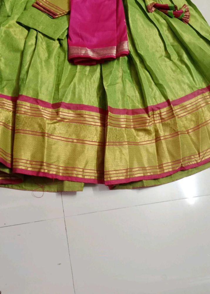 Vibrant Green Ethnic Skirt with Gold Border
