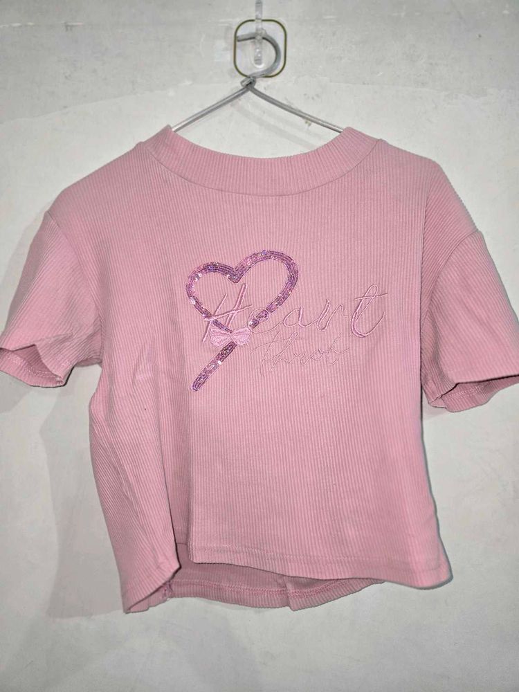 Pink Cropped Ribbed Top with Heart Detail