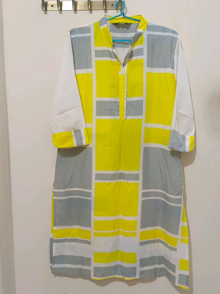 Stylish Yellow &amp; Grey Geometric Print Kurta