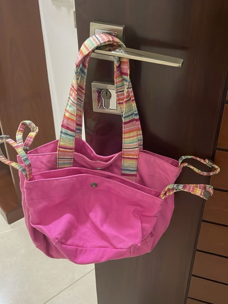 Vibrant Pink Tote Bag with Striped Handles