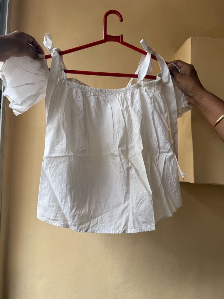 White Off-Shoulder Tie Top