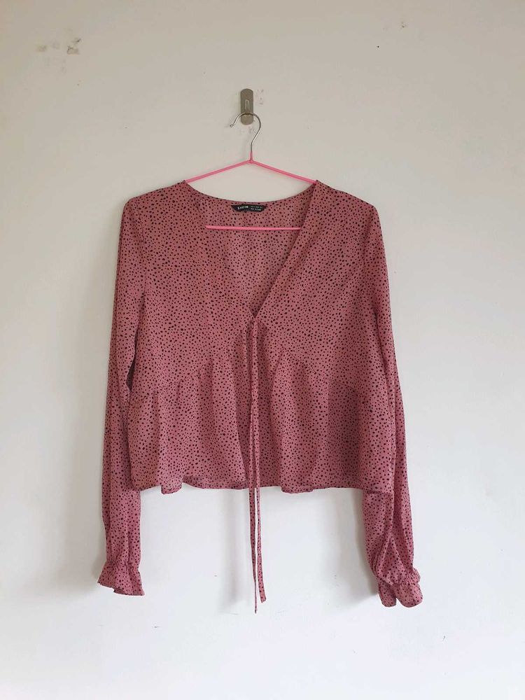 Blushing Dot Ruffle-Cuff Peplum Blouse.