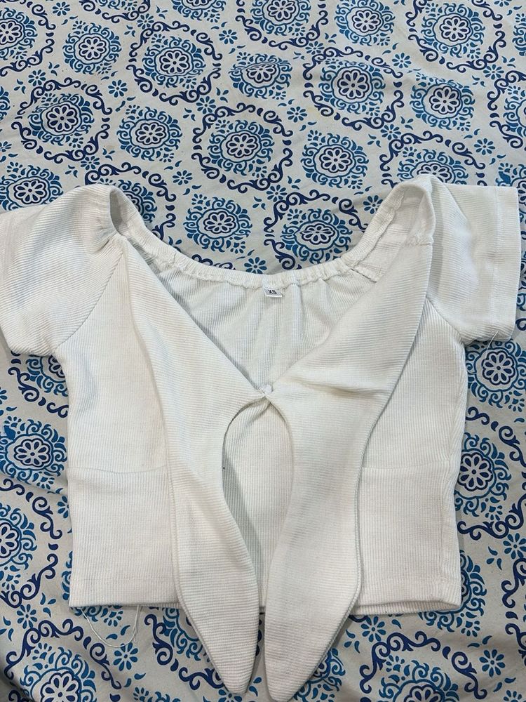 korean White Tie-Front Crop Top