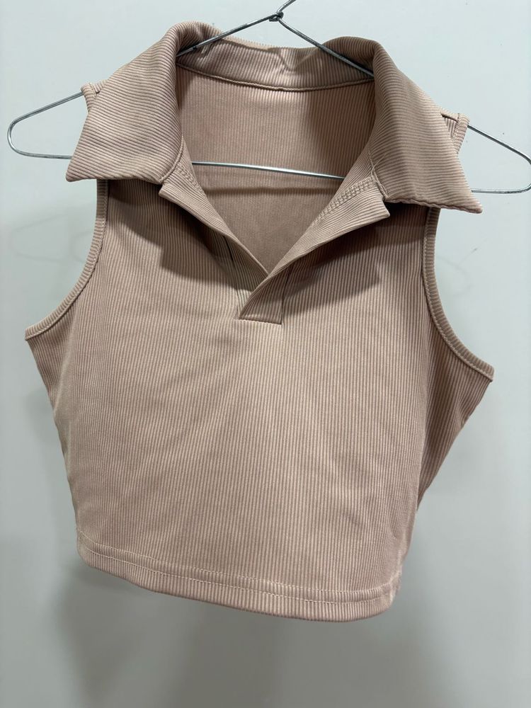Sleeveless Ribbed Polo Top