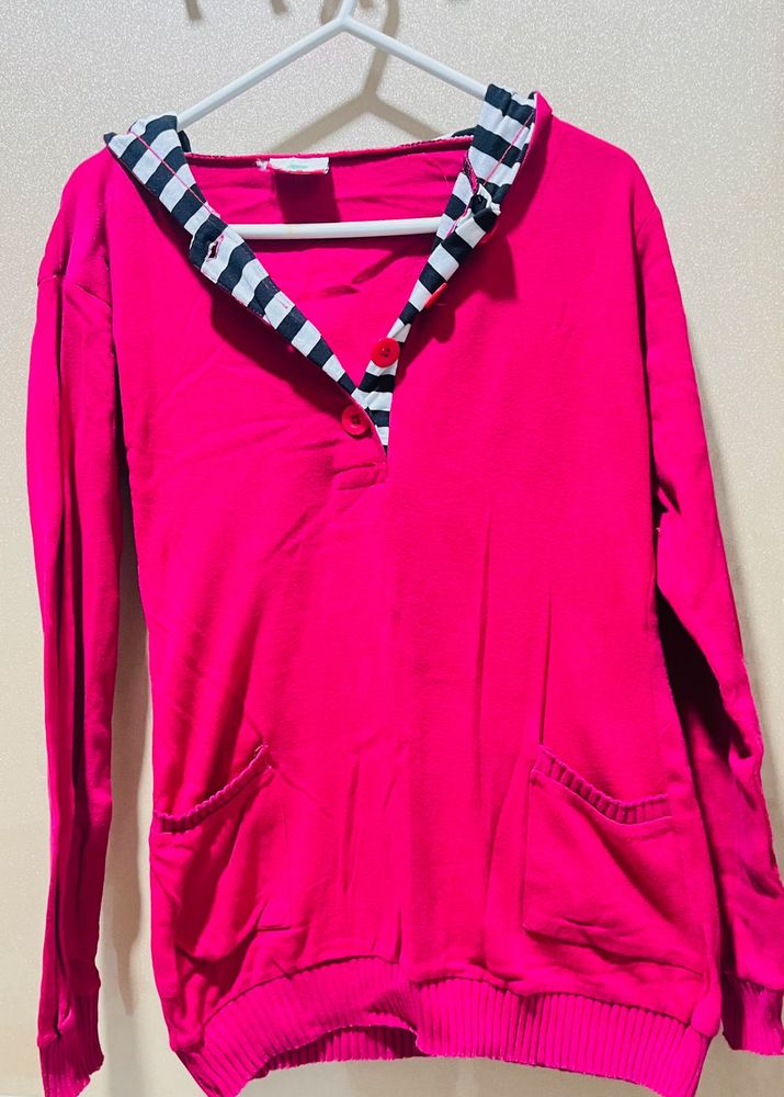 Vibrant Pink Hoodie with Striped Collar