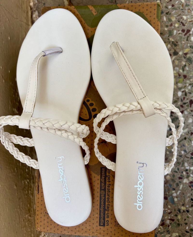 White Braided Strap Flat Sandals
