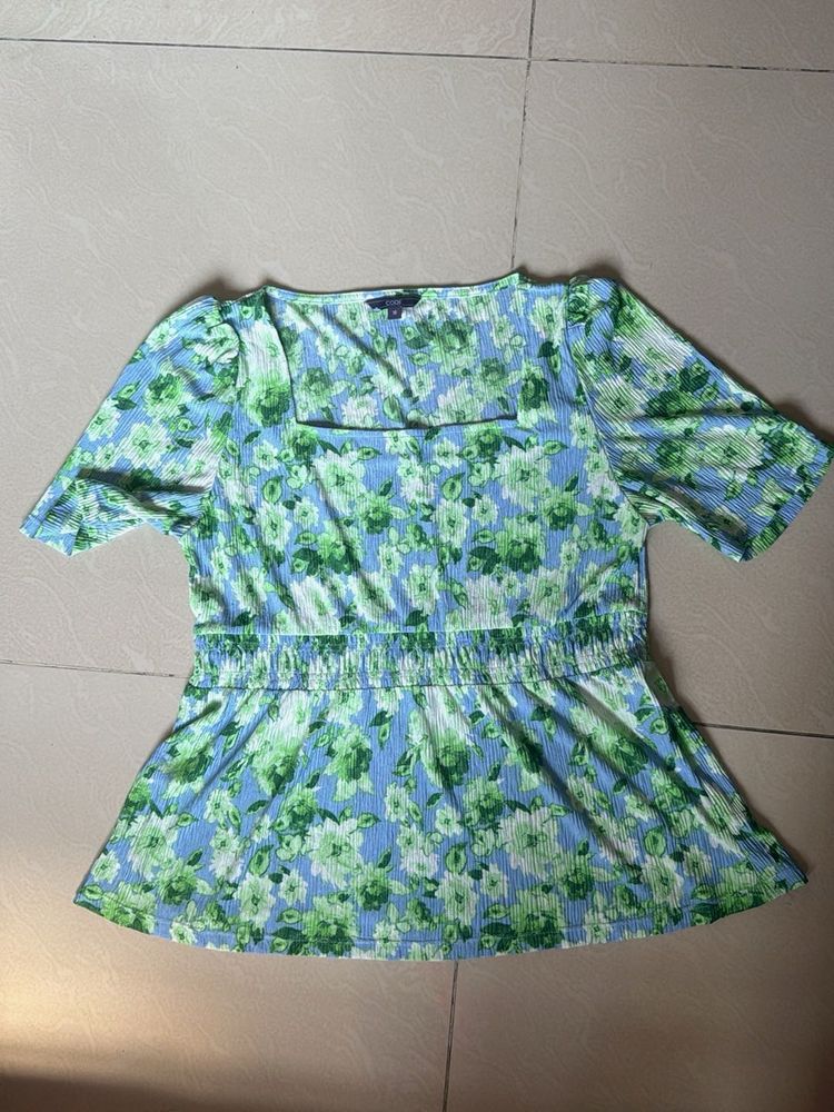 Blue Floral Square Neck Top