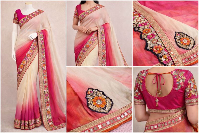 Vibrant Pink &amp; White Designer Saree with Embroider
