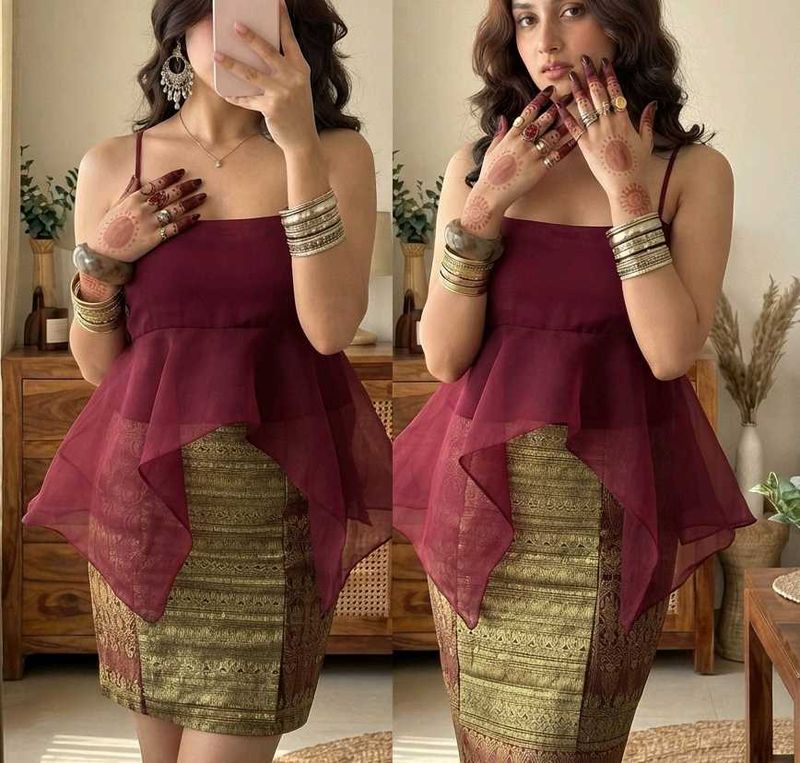 Exquisite Maroon Peplum top with golden mini skirt