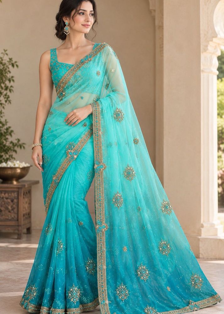 Designer Shaded Blue Net Saree