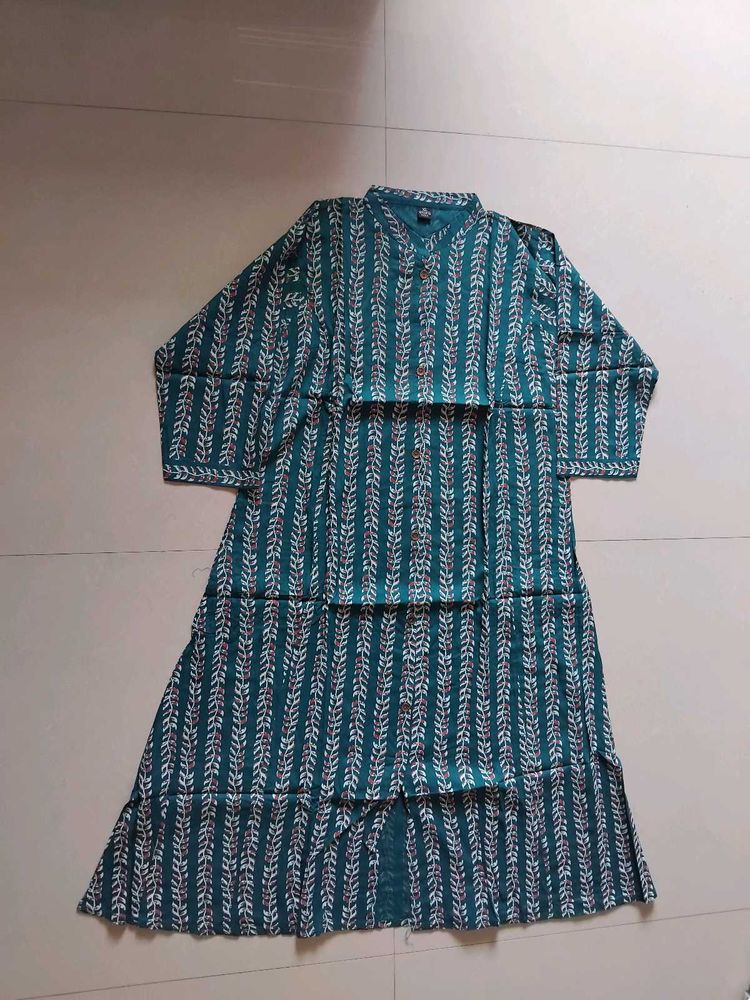 Teal Leaf Print Tiered Kurta