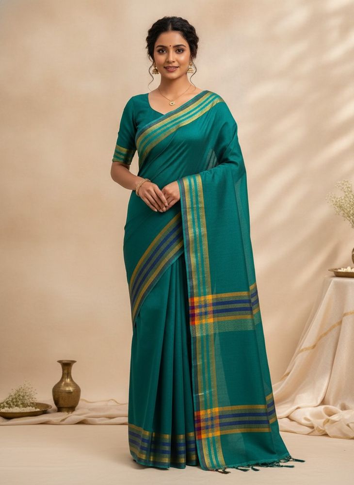 Elegant Teal Saree with Striped Border