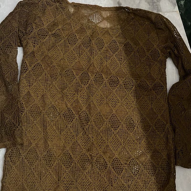 Brown Crochet Net Top and white crop to
