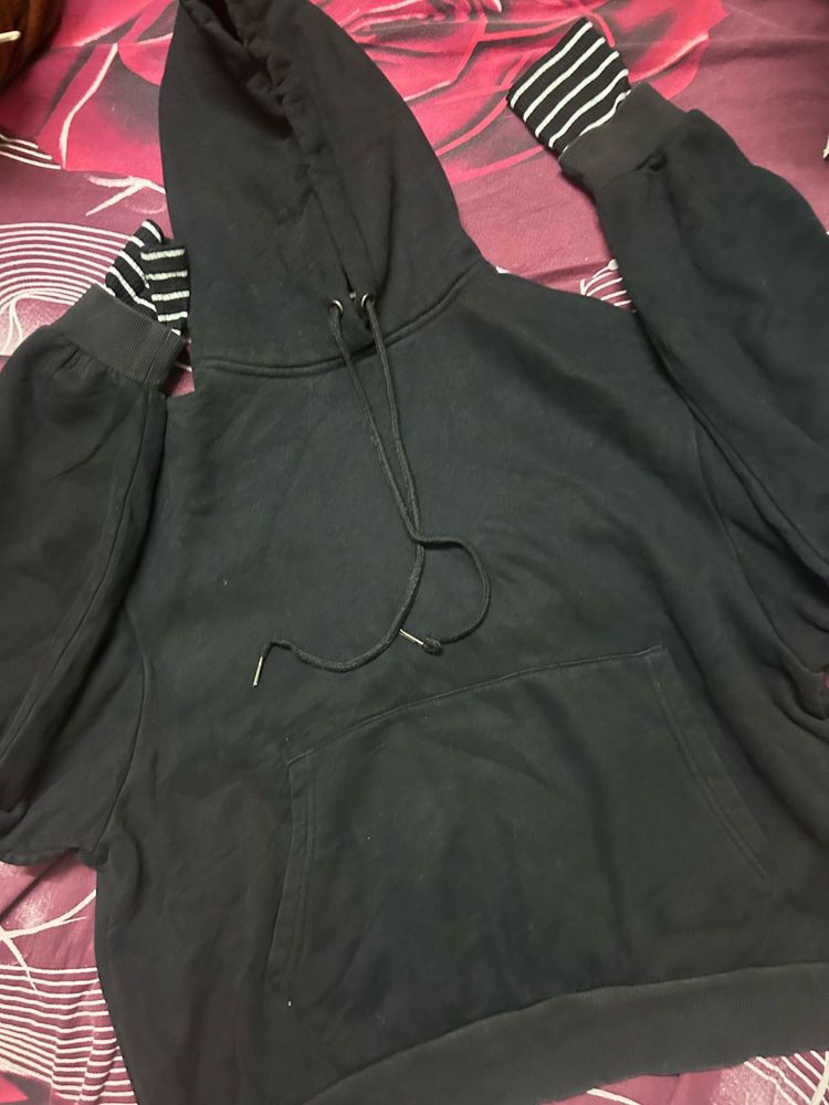 Black Hoodie with Striped Sleeves