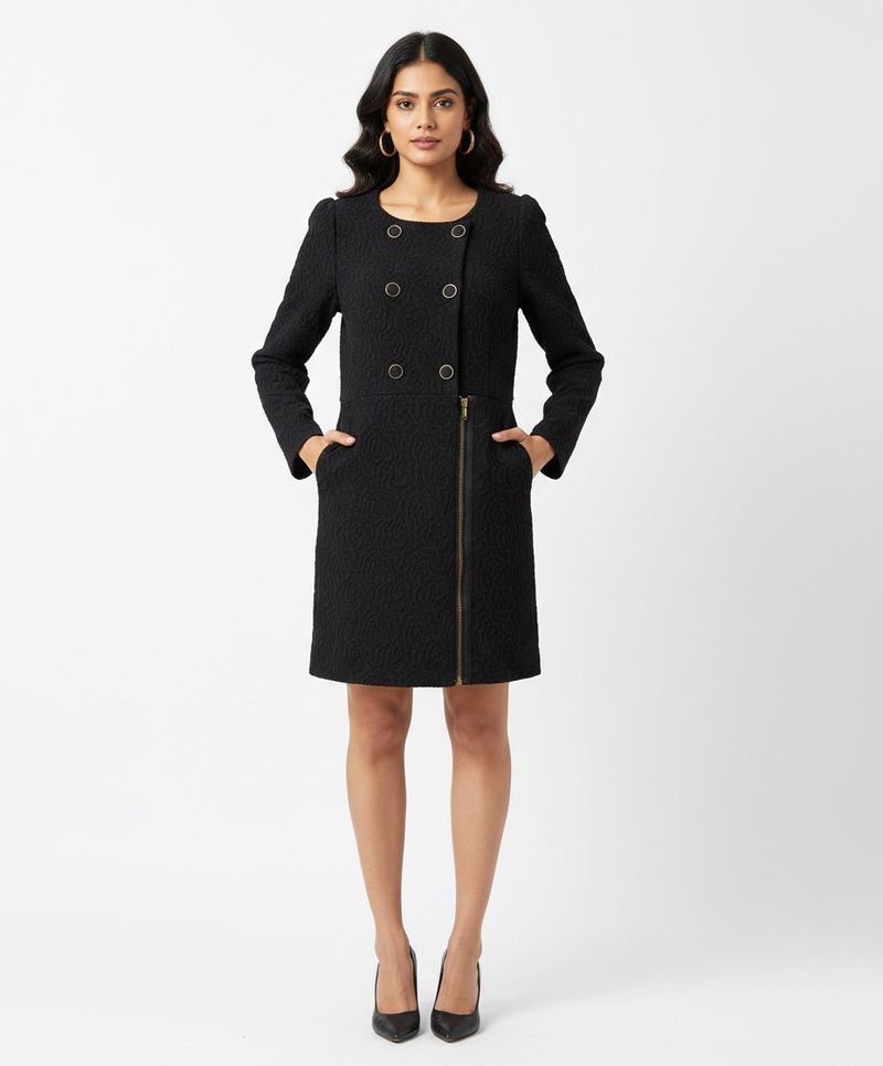 Chic Black Textured Dress Coat