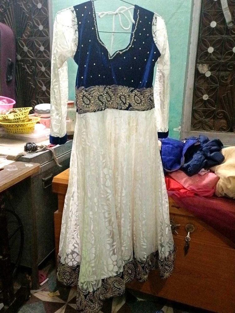 Elegant Blue &amp; White Anarkali Dress