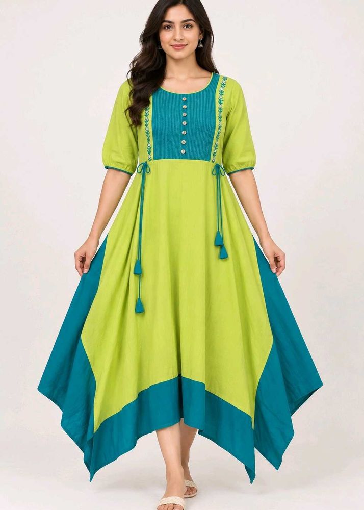 Stylish Lime &amp; Teal Asymmetrical Kurta