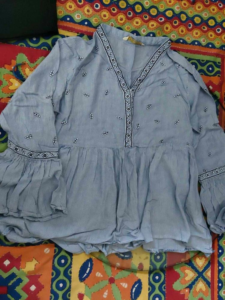 Light Blue Embroidered Kurti with Bell Sleeves