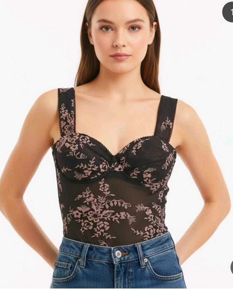 Black Floral Sheer Mesh Bodysuit / Net Inner Top