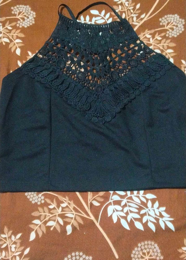 Chic Black Crochet Neckline Top
