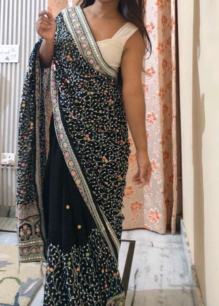Elegant Black Embroidered Saree