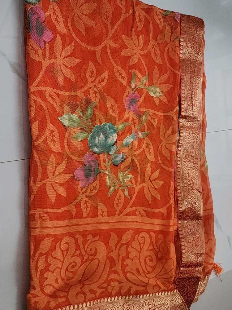 Orange Floral Print Saree