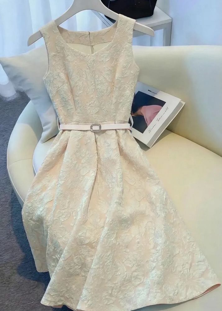 Off-white Textured Belted Midi dress