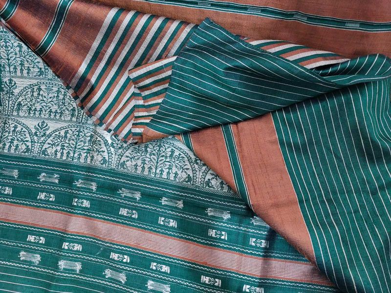 Green &amp; Brown Striped Tussar Silk Saree