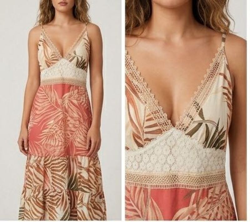 Tropical Print Midi Dress with Lace Detail