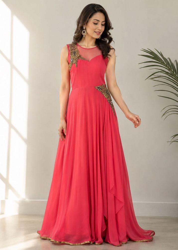 Stunning Coral Ethnic Gown with Embellishments