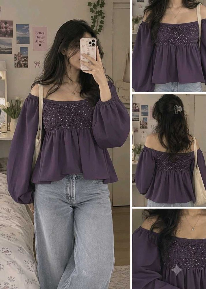 Purple Smocked Off-Shoulder Top
