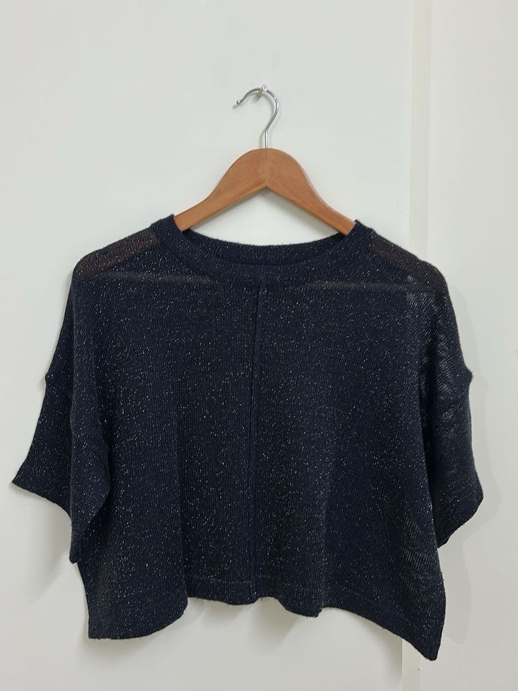 Sparkly Black Cropped Knit Top