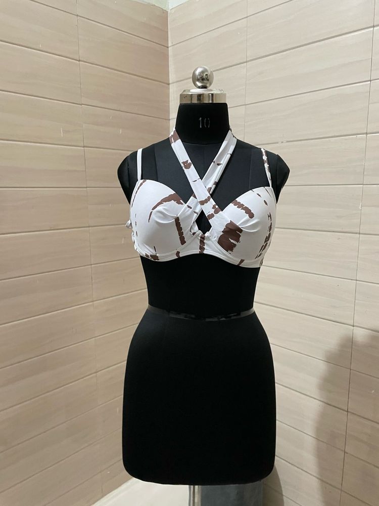 Imported White &amp; Brown Bikini Top