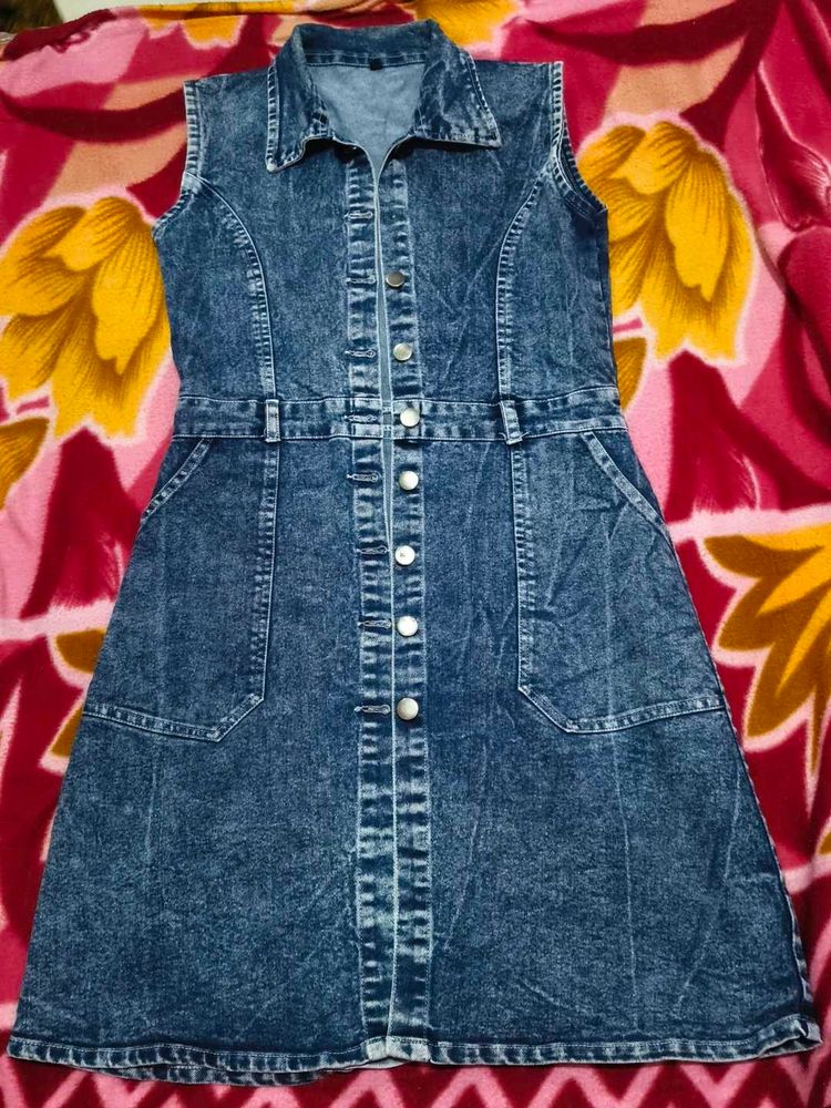 Sleeveless Denim Button-Up Dress