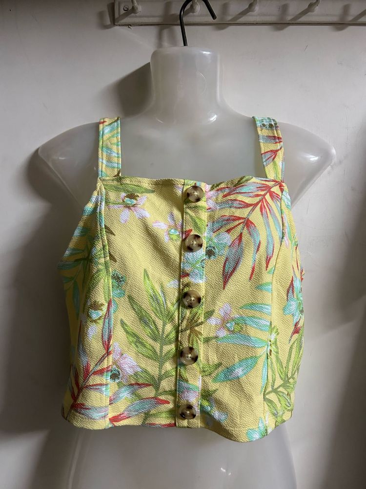 Yellow Floral Button-Up Crop Top