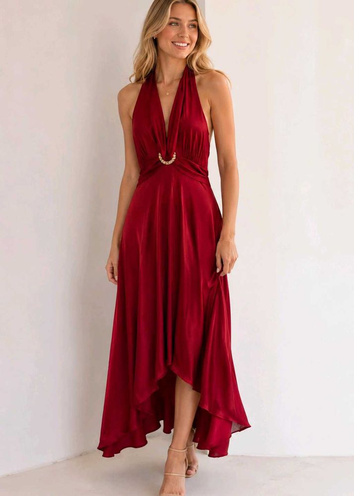 Elegant Red Halter Midi Dress