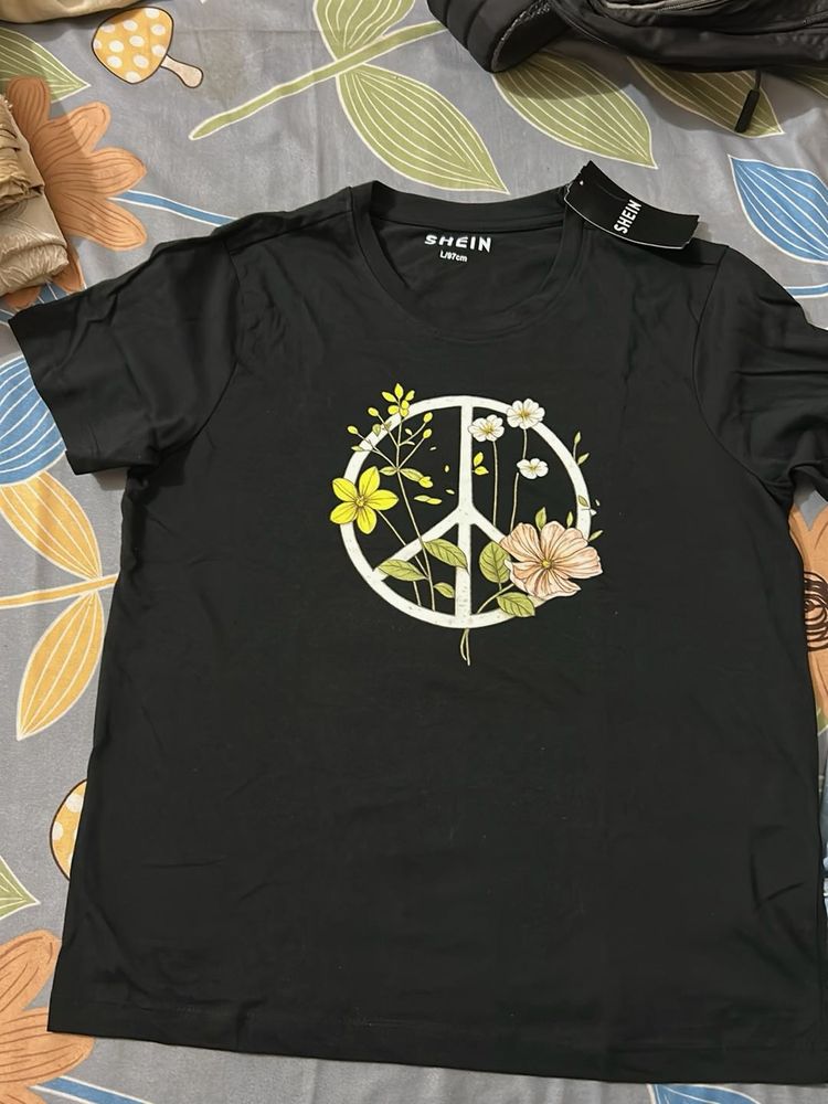 Black Peace Sign Floral Graphic Tee