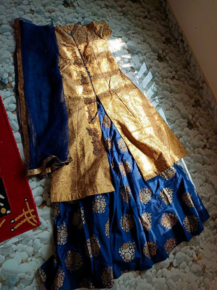 Blue Lehenga With Golden Kurti And Dupatta