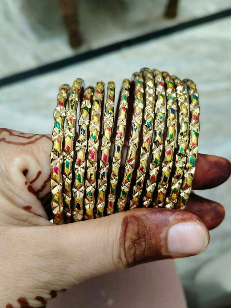 Ethnic Gold Tone Bangles with Colorful Accents