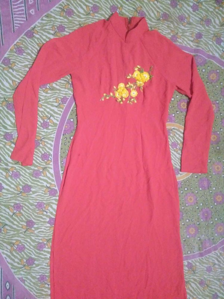 Red Kurta with Yellow Floral Embroidery