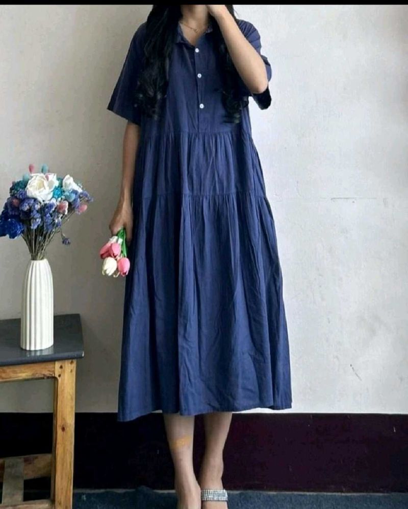 Comfortable Blue Tiered Midi Dress(free size)