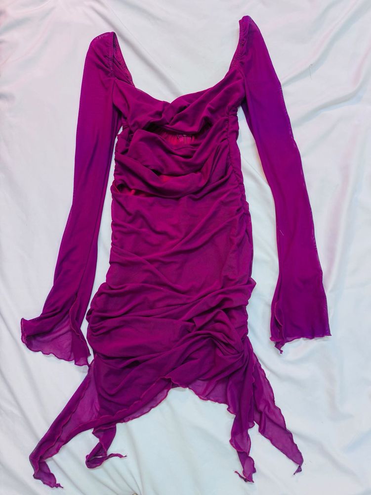 Purple Ruffle Meshy long Sleeve Mini Dress
