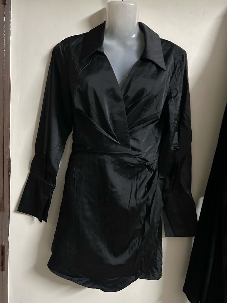 Chic Black Satin Wrap Dress
